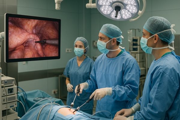 Surgical team performing laparoscopy with an appropriately sized monitor in view