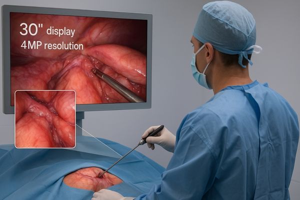 Surgeon viewing a 30-inch high-resolution display during a pediatric surgery