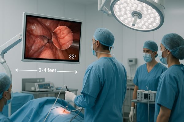 A surgeon viewing a 32-inch monitor comfortably in a simulated OR setup
