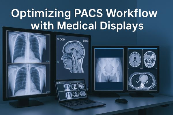 Multiple high-resolution medical monitors displaying CT, MRI, and X-ray images in a PACS reading room, with text overlay "Optimizing PACS Workflow with Medical Displays".