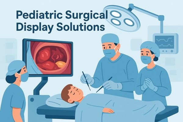 Pediatric surgical team operating on a child with medical display showing internal anatomy in a brightly lit operating room