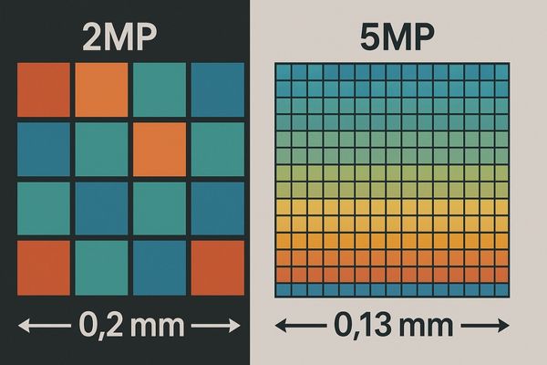 Pixel grid illustration comparing 2MP and 5MP density
