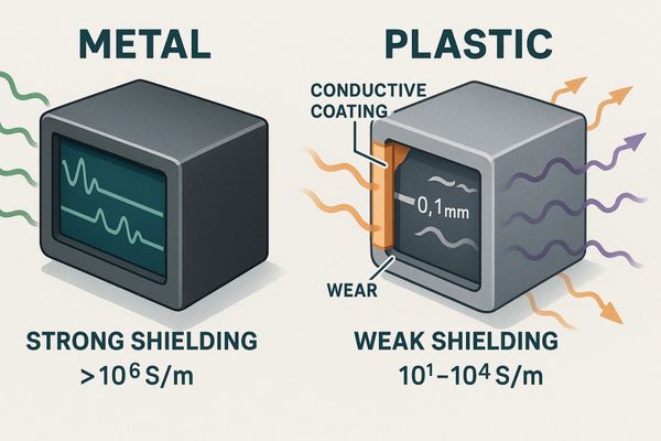 An image comparing a solid metal monitor casing to a plastic one with an applied conductive coating