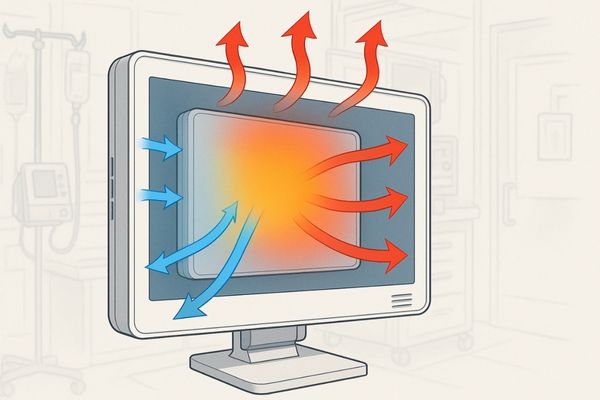 Image of a medical display with arrows indicating airflow and heat dissipation points