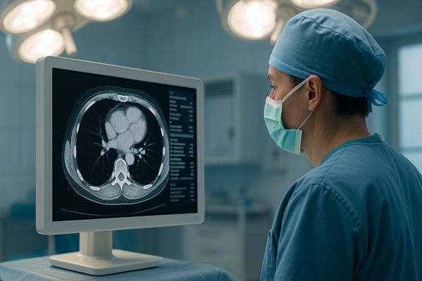 A medical professional viewing a display with minimal glare in an operating room