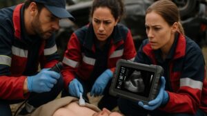 A medical team uses a Reshin portable monitor displaying real-time ultrasound data to make critical decisions at a disaster site, emphasizing immediate assessment and field diagnostics.