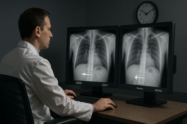 Ergonomic radiology reading room with a Reshin dual-screen monitor