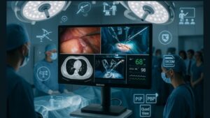 43-inch Reshin surgical monitor in a modern operating room displaying multi-source medical visuals including 4K endoscopy, robotic surgery, CT scans, and vitals