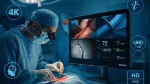 Vascular surgeon operating with microsurgical tools, guided by a 4K Reshin monitor displaying high-resolution vessel imagery and patient vitals