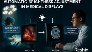 Reshin MS321PB and MD52G medical displays demonstrating automatic brightness adjustment in surgical and diagnostic settings