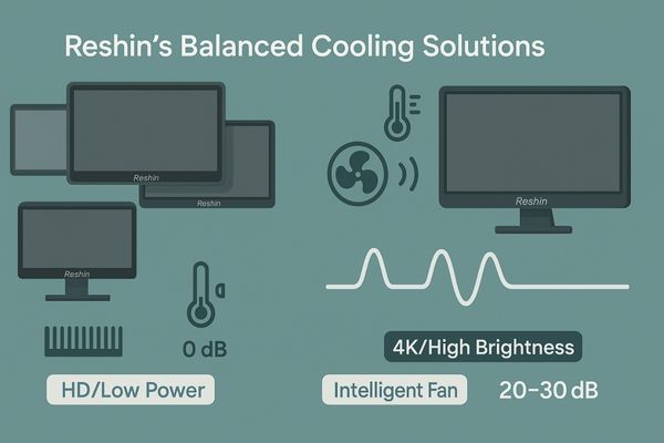 A diagram showing Reshin's hybrid cooling approach with a fanless monitor and a quiet-fan monitor