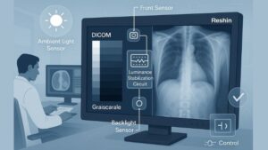 Radiologist using a Reshin medical monitor with built-in sensors and DICOM grayscale chart for consistent diagnostic image brightness