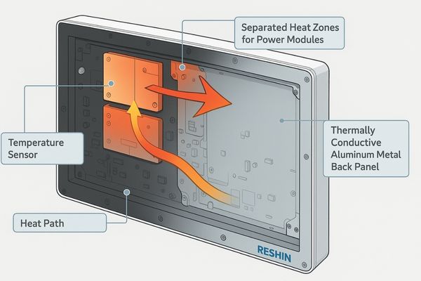 Internal view of a Reshin monitor showing strategic component layout and heat management design