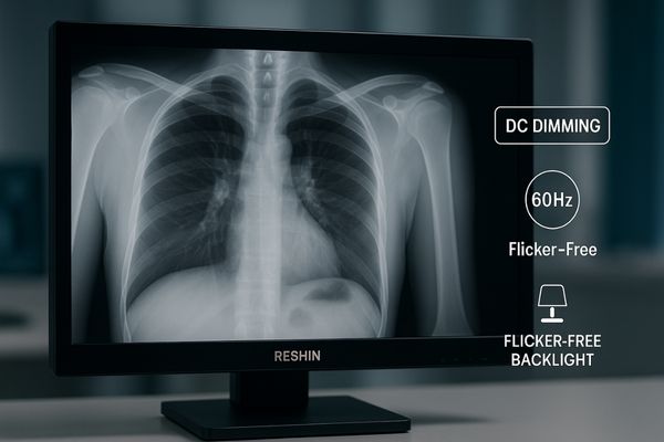 Close-up of a Reshin monitor screen displaying a crystal-clear, stable medical image