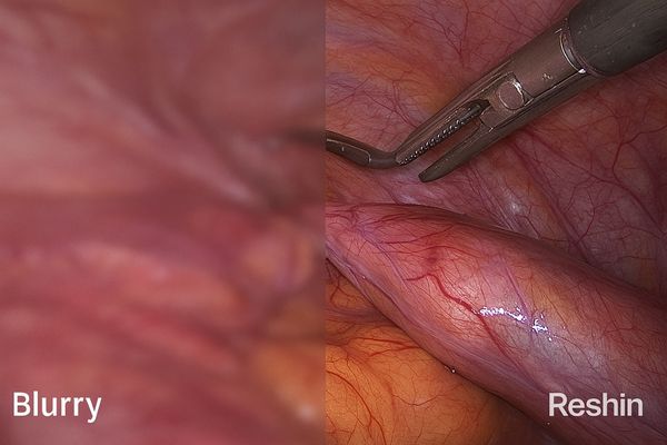 Split screen showing a blurry image vs a clear Reshin monitor image of a surgical site
