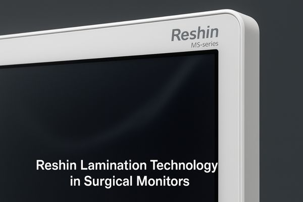 Close-up of a Reshin MS-series monitor edge, highlighting its seamless, laminated screen