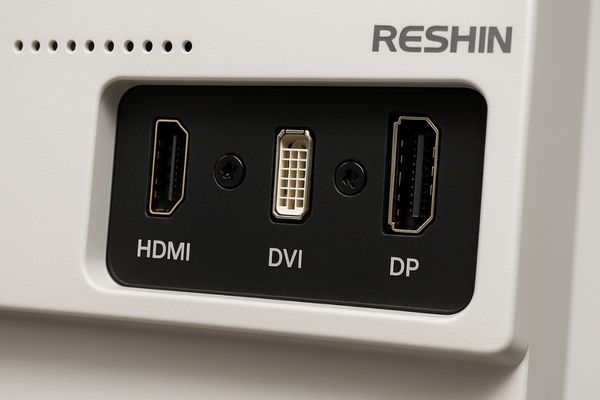 Close-up of Reshin monitor's input panel showing HDMI and DisplayPort ports