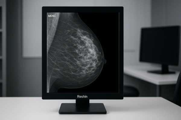 Reshin 5MP mammography monitor displaying a clear, detailed mammogram