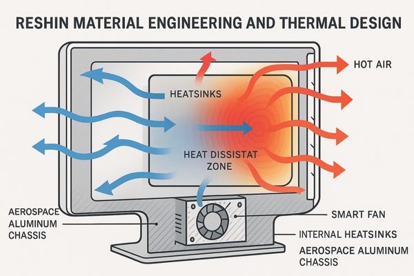 A design schematic of a Reshin monitor showing airflow and material layers