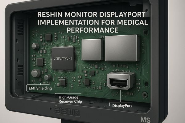 Internal view of a Reshin monitor highlighting quality components and EMI shielding around DisplayPort inputs