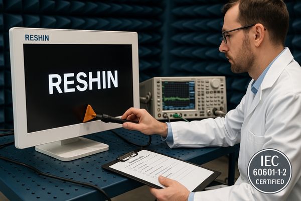 A Reshin monitor being set up for a test inside an anechoic chamber by a lab technician