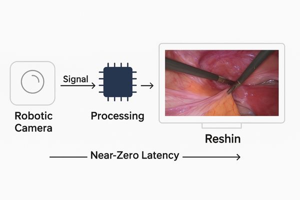 Diagram showing signal path from robotic camera to Reshin monitor with low latency highlighted