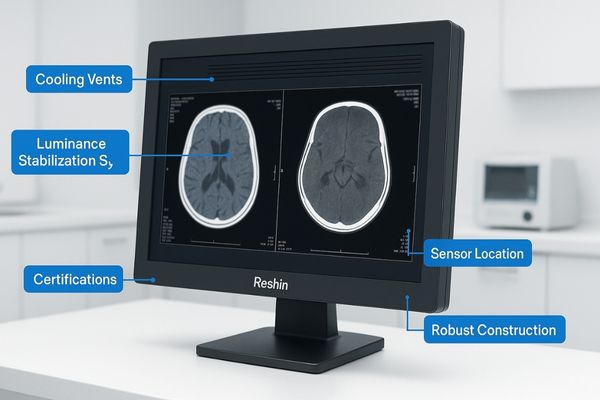 Internal view of a Reshin monitor highlighting reliability features