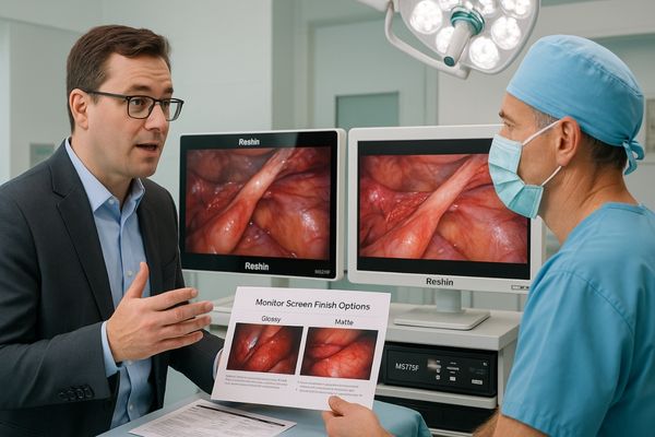 A Reshin specialist discussing monitor options with a surgeon in an OR setting