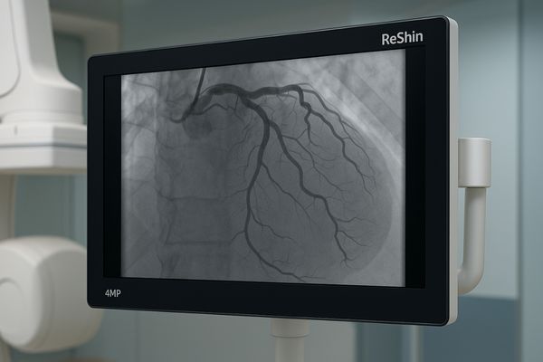 Reshin MS430PC monitor displaying a clear angiographic image in a cath lab setting