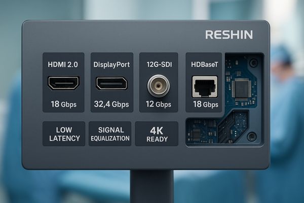 Reshin monitor showcasing multiple high-bandwidth interface ports (HDMI, DP, SDI)