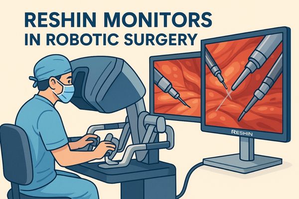 Surgeon operating a robotic surgery system while viewing real-time visuals on Reshin medical monitors