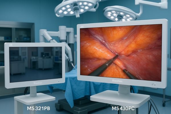 Reshin MS321PB and MS430PC monitors displayed in a modern robotic OR setting