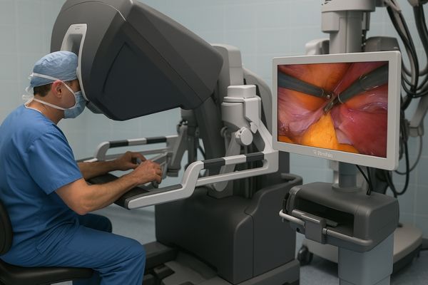 Surgeon at a robotic surgery console with a clear view of the Reshin monitor display
