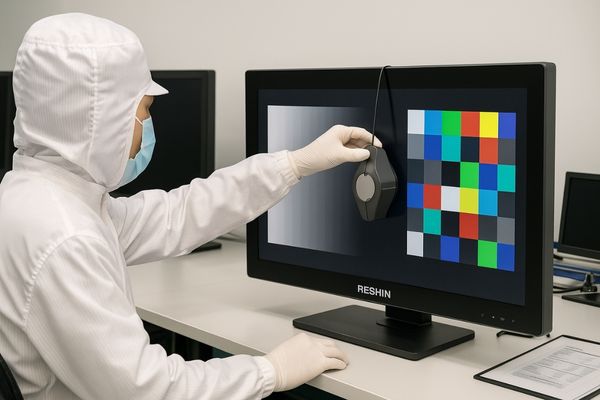 A Reshin technician in a cleanroom environment calibrating a surgical monitor with specialized equipment