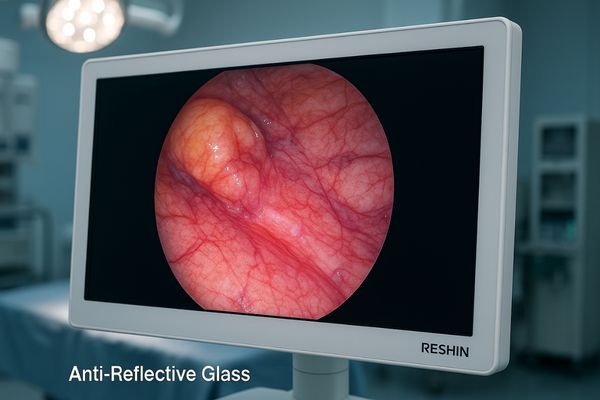 Reshin surgical display with AR tempered glass showcasing a clear endoscopic image