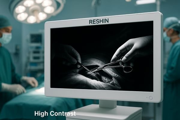 Reshin surgical monitor showcasing deep blacks and bright whites in an OR