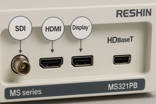 Close-up of a Reshin MS series monitor's input panel, clearly showing diverse ports like SDI, HDMI, DP