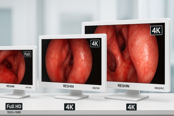 A lineup of different Reshin surgical monitors, showing various sizes and models