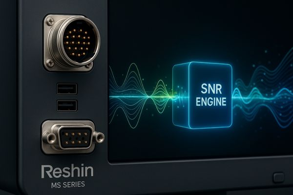 Close-up of a Reshin monitor's shielded connector port and an abstract representation of its internal SNR engine working