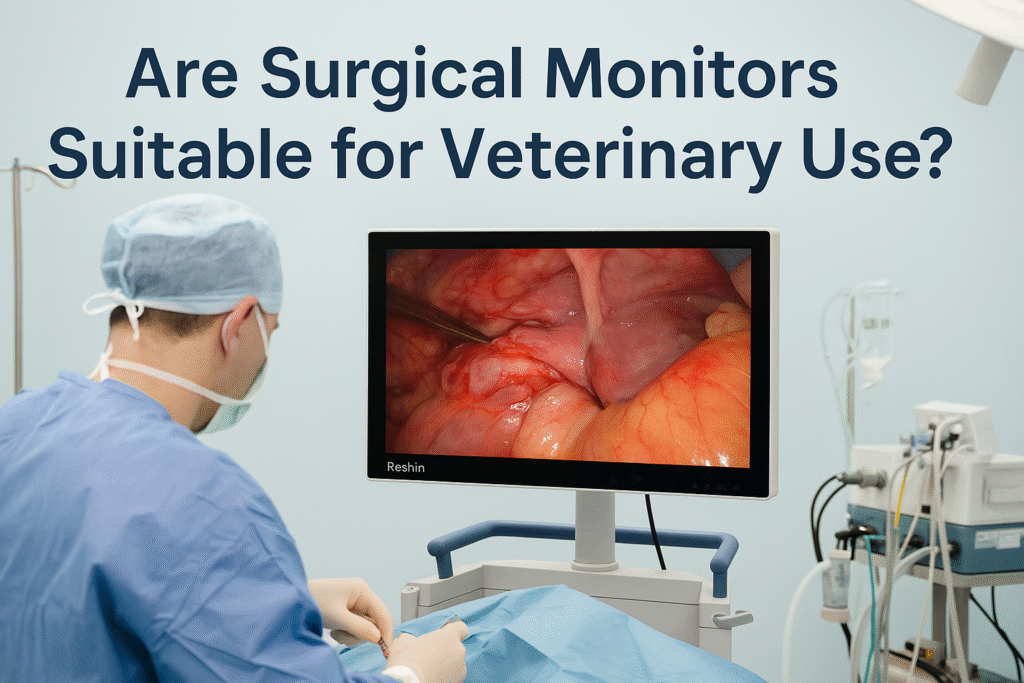 Veterinary surgeon using a Reshin surgical monitor during an animal operation
