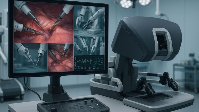 Robotic surgery console with a 43-inch display showing multiple camera angles