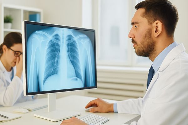 Doctor examining a chest X-ray on a medical monitor while a fatigued colleague rubs her eyes in a bright clinical setting