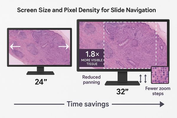 A large monitor showing a wide view of a whole slide image next to a small monitor with a narrow view