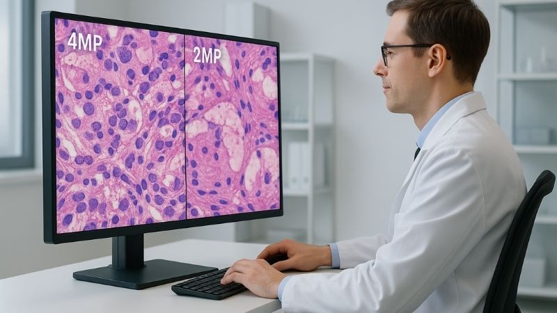 Pathologist reviewing on a balanced screen setup