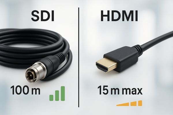 An SDI cable with a BNC connector next to a long, coiled HDMI cable showing the difference in robustness