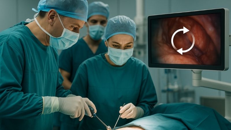 Surgical team focused during procedure with auto-switching display