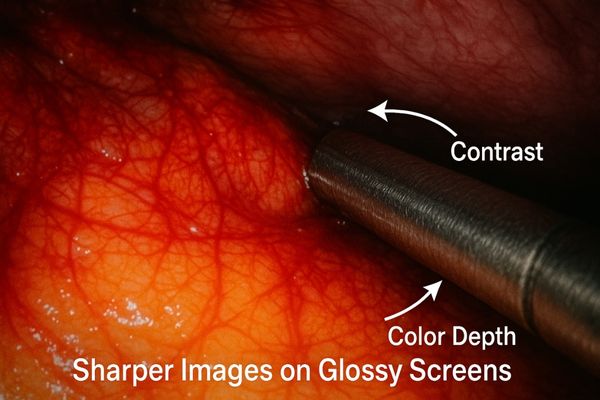 A close-up view of a vibrant, high-contrast surgical image on a glossy screen