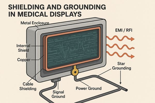 Illustration of a medical display with shielding layers and grounding points indicated