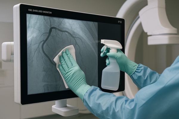 Medical display in a cath lab being cleaned, highlighting its sealed design and robust surface