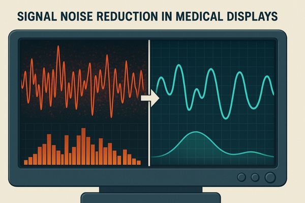 Abstract visualization of a clean signal wave transforming from a noisy one on a medical display